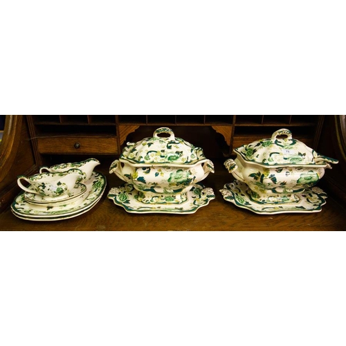 73 - MASONS GREEN CHARTREUSE PAIR OF LARGE TUREENS, 2 PLATTERS, + GRAVY BOATS