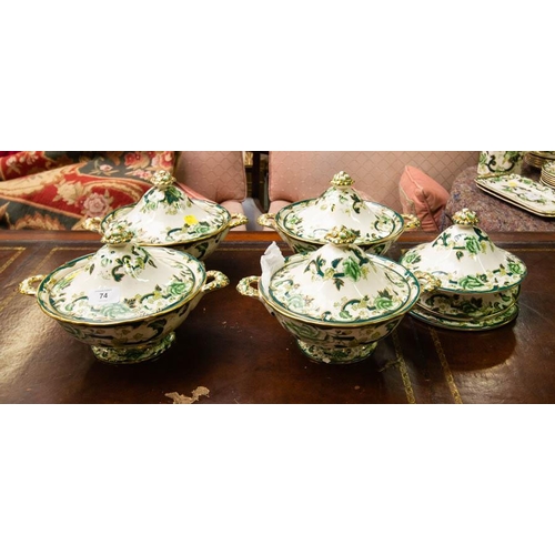 74 - 4 MASONS GREEN CHARTREUSE VEGETABLE DISHES WITH LIDS