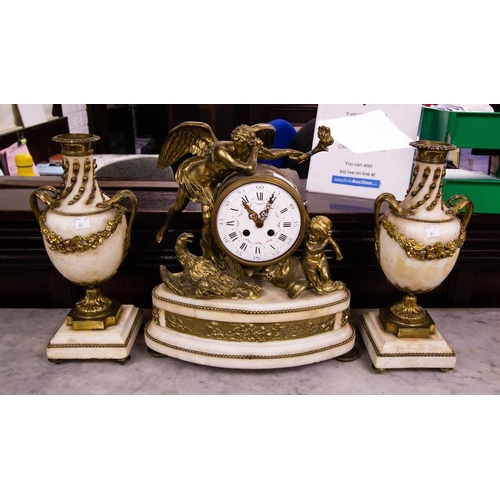 85 - ORNATE GILT MANTLE CLOCK WITH CHERUBS + GARNITURE