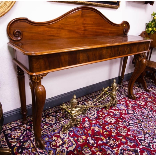 91 - QUALITY CUSTOM MADE  MAHOGANY CABRIOLE LEG SIDE TABLE WITH ARCH BACK. 200 X 50 X 140CM HIGH