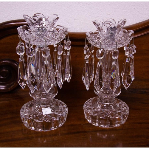 93 - PAIR OF WATERFORD CRYSTAL CANDLESTICKS WITH DROPS. 25CM HIGH