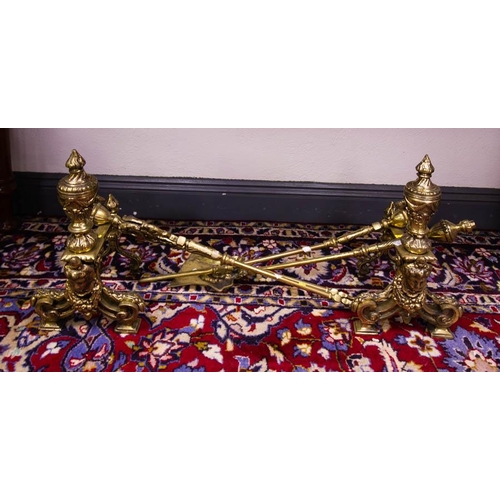 97 - ORNATE BRASS FIRE IRONS + DOGS