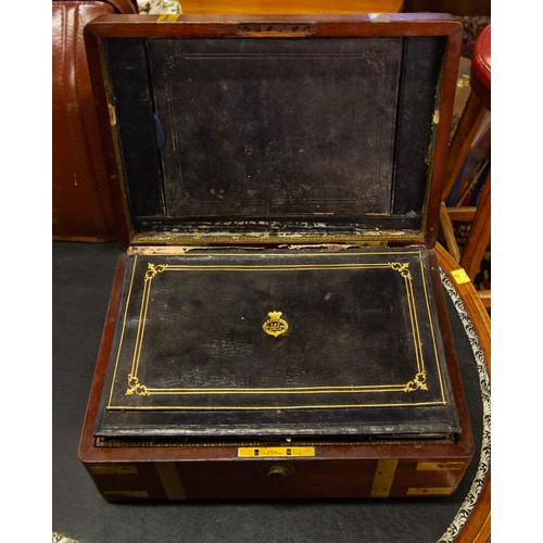 266 - GEORGIAN MAHOGANY BRASS BOUND BOX FILLED WITH SILVER TOPPED BOXES, BOTTLES + MOTHER OF PEARL HANDLED... 