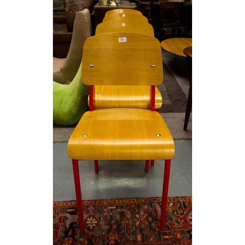 131 - 4 X RED METAL AND WOODEN JEAN PROUVÈ STANDARD CHAIRS