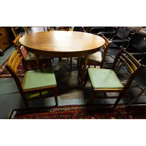 134 - VINTAGE OVAL TEAK TABLE WITH LEAF + 5 DINING CHAIRS . TABLE 136CM L, 95CM W, 72CM H