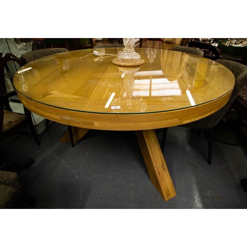 136 - LARGE OAK ROUND TABLE WITH GLASS TOP 160CM DIAMETER