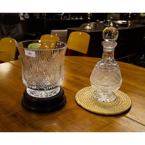 141 - CUT GLASS FOOTED DECANTER + CUT GLASS BOWL ON PLINTH