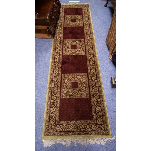 170 - BROWN AND GOLD HALL RUNNER. 275 X 80CM