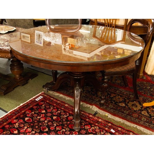175 - VICTORIAN MAHOGANY ROUND BREAKFAST TABLE WITH GLASS TOP. 122CM DIAMETER