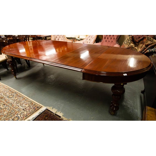 QUALITY VICTORIAN MAHOGANY D-END DINING TABLE + 3 LEAVES ON TURNED LEG + BRASS CASTORS 295L X 145W X 75H CM