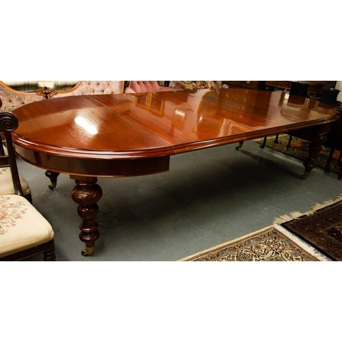 207 - QUALITY VICTORIAN MAHOGANY D-END DINING TABLE + 3 LEAVES ON TURNED LEG + BRASS CASTORS 295L X 145W X... 