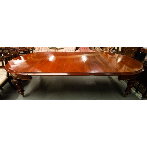 207 - QUALITY VICTORIAN MAHOGANY D-END DINING TABLE + 3 LEAVES ON TURNED LEG + BRASS CASTORS 295L X 145W X... 