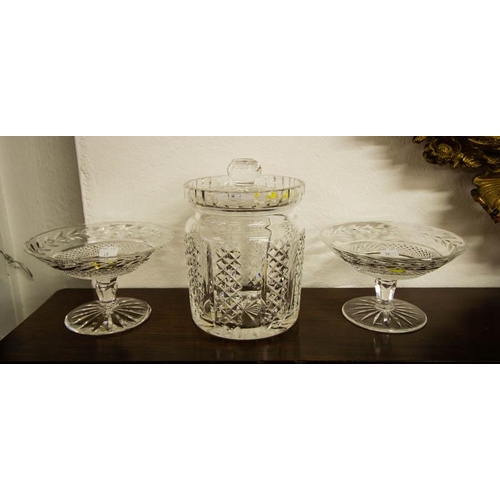 28 - WATERFORD CRYSTAL BISCUIT BARREL + 2 FOOTED DISHES