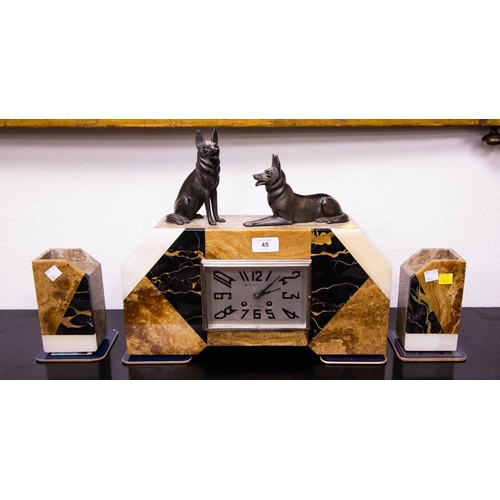 45 - FRENCH 3 PIECE ART DECO MARBLE CLOCK SET WITH DOGS