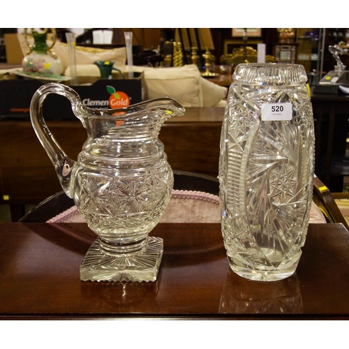 520 - CUT GLASS FOOTED JUG + CUT GLASS VASE