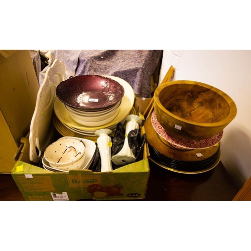 546 - 5 ROLLS OF WALLPAPER, CUSHIONS, CLOTHES + DISHES