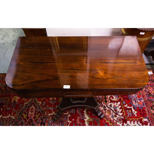 62 - WM 1V ROSEWOOD FOLD OVER CARD TABLE 92 X 46 X 74CM HIGH