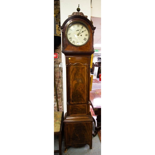 66 - ANTIQUE INLAID MAHOGANY CASE GRANDFATHER CLOCK WITH PAINTED DIAL