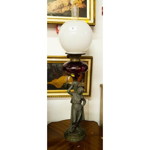 8 - LADY OIL LAMP WITH RED BOWL + MILK SHADE. 80CM HIGH