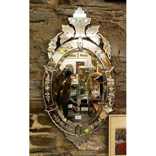 94 - VINTAGE ORNATE OVAL ETCHED MIRROR. 50 X 90CM