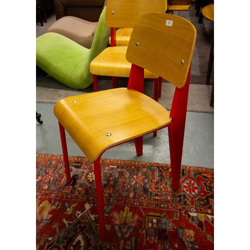 131 - 4 X RED METAL AND WOODEN JEAN PROUVÈ STANDARD CHAIRS