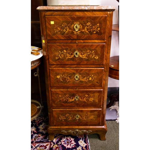 101 - INLAID FRENCH 5 DRAWER LOW BOY WITH MARBLE TOP 50 X 38 X 114CM