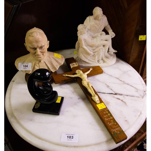 104 - MARBLE PIETA POPE, CRUCIFIX + FIGURE