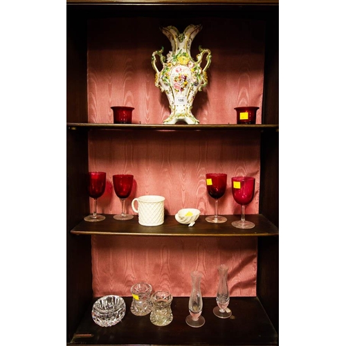 106 - 4 RUBY GLASS, PAIR OF CANDLEHOLDERS, BELLEEK + VASE