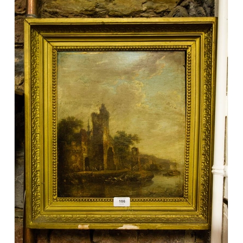 108 - ANTIQUE OIL ON BOARD CASTLE IN GILT FRAME 34 X 30CM