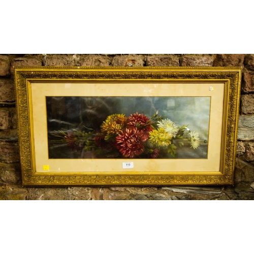 113 - OIL ON CANVAS STILL LIFE FLOWERS. 40 X 75CM FRAMED SIZE