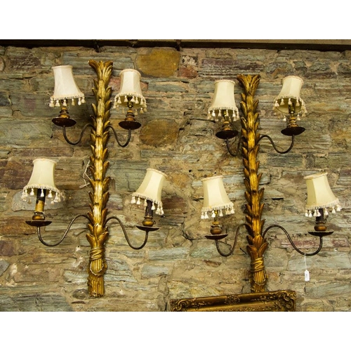 116 - PAIR OF ORNATE GILDED LEAF 4 BRANCH WALL LIGHTS - PROV. HIBERNIA HOTEL. 110CM LONG