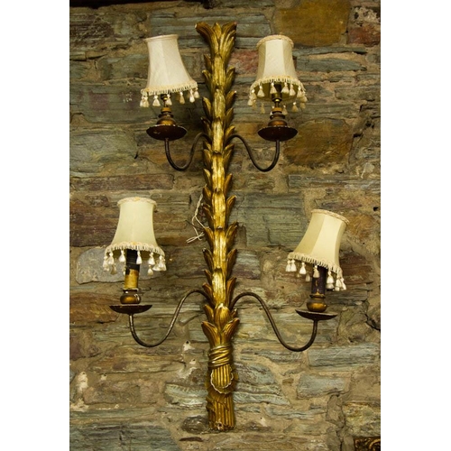 116 - PAIR OF ORNATE GILDED LEAF 4 BRANCH WALL LIGHTS - PROV. HIBERNIA HOTEL. 110CM LONG