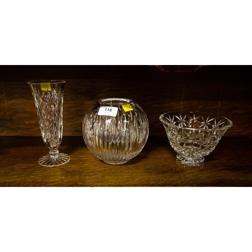 118 - CUT GLASS ROSE BOWL, FOOTED BOWL + 4 PIECES OF GLASS