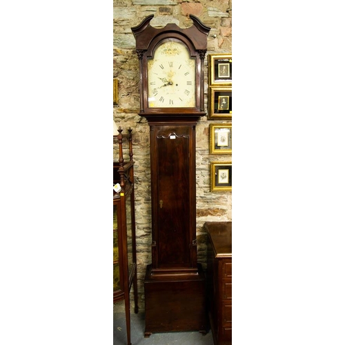 126 - ANTIQUE MAHOGANY GRANDFATHER CLOCK WITH PAINTED DIAL- MILLER, DUBLIN 235H X 49W CM.