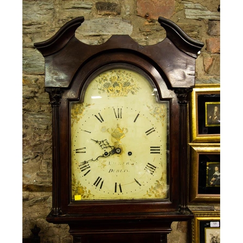 126 - ANTIQUE MAHOGANY GRANDFATHER CLOCK WITH PAINTED DIAL- MILLER, DUBLIN 235H X 49W CM.