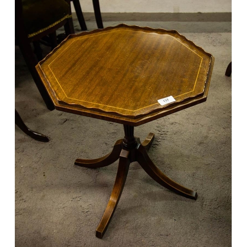 137 - NEAT INLAID MAHOGANY SHAPED TOP OCCASIONAL TABLE  ON POD. BASE . 46CM DIAM. X 50CM HIGH