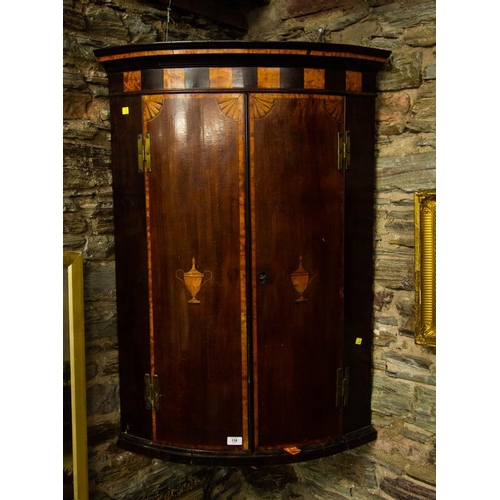 138 - QUALITY INLAID BOW FRONT HANGING CORNER CABINET 106H CM