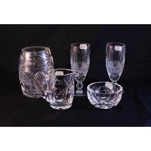 148 - WATERFORD CRYSTAL SUGAR + CREAM, 2 COLLEEN FLUTES + VASE