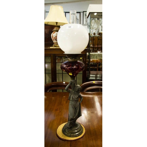 166 - LADY OIL LAMP WITH RED BOWL + MILK SHADE. 80CM HIGH