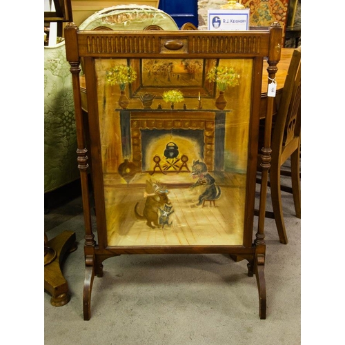 198 - CARVED FIRE SCREEN WITH PAINTED PANEL 67W X 100H CM