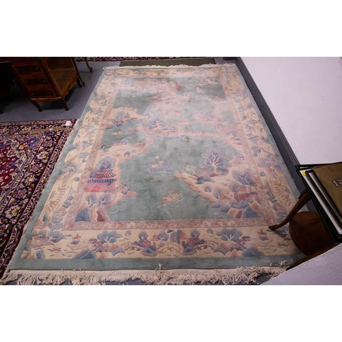 211 - LARGE GREEN GROUND CHINESE RUG,   tells the story of a Chinese man in a boat frantically searching f... 