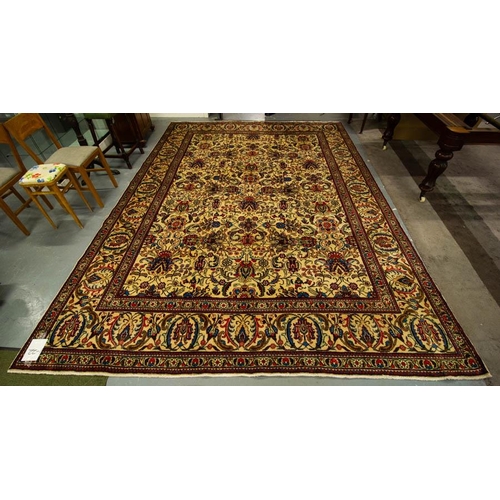 216 - CREAM GROUND PERSIAN TABRIZ RUG WITH OVERALL PATTERN. 417 X 300CM