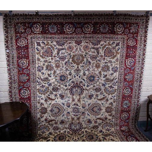 226 - CREAM GROUND FLORAL WOOL RUG WITH RUST BORDER 260 X 355CM