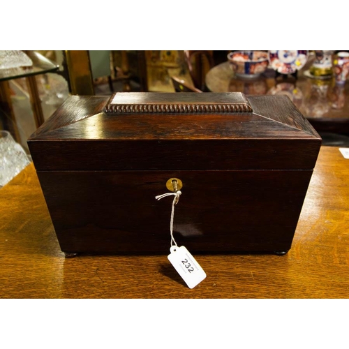 232 - VICTORIAN ROSEWOOD TEA CADDY. 28W X 15CN DEEP X 18CM H