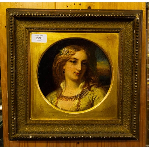 236 - OIL ON BOARD IN GILT FRAME LADY 35 X 28CM +ANTIQUE OIL ON BOARD IN GILT FRAME 34 X 34CM