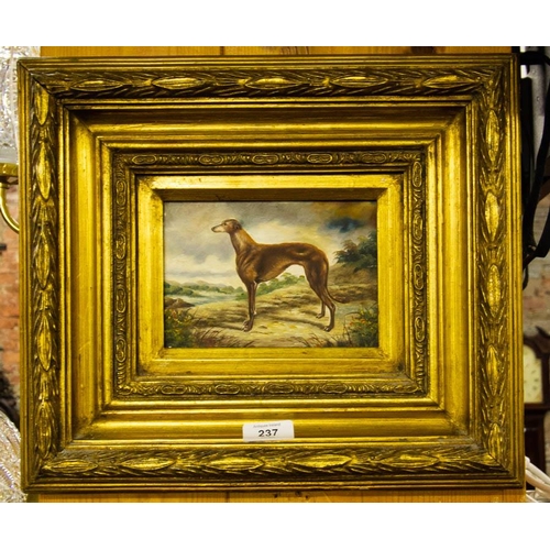 237 - OIL ON BOARD GREYHOUND IN ORNATE GILT FRAME 33 X 39CM