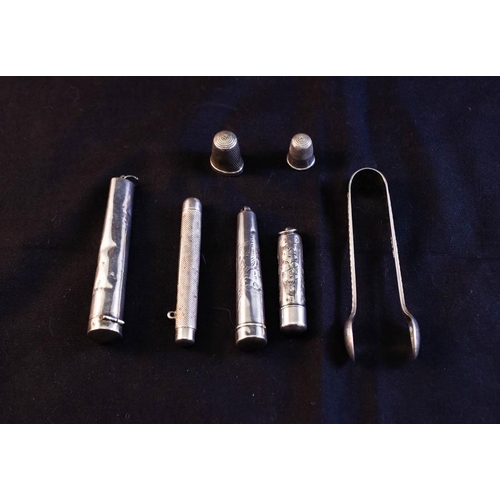 265 - 2 SILVER THIMBLES, CHEROOT HOLDER, TONGS ETC- 7 PIECES . 65GRAMS