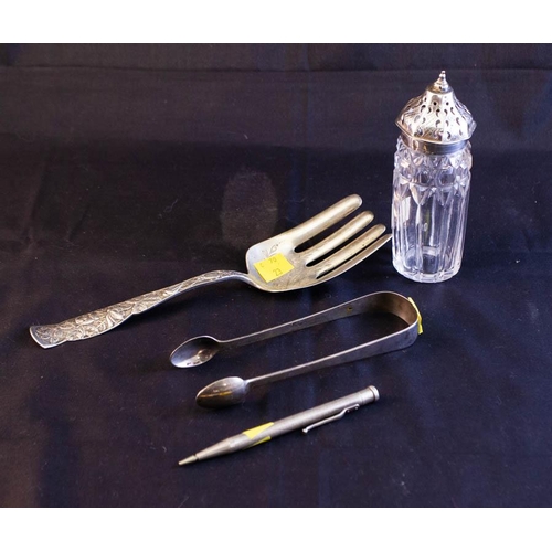 272 - SILVER TONGS, PEN, SUGAR SHAKER + STERLING FORK