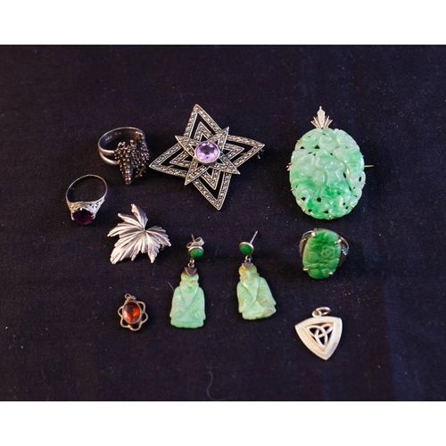 278 - JADE BROOCH, PAIR OF EARRINGS + RING, + AMETHYST BROOCH + RING