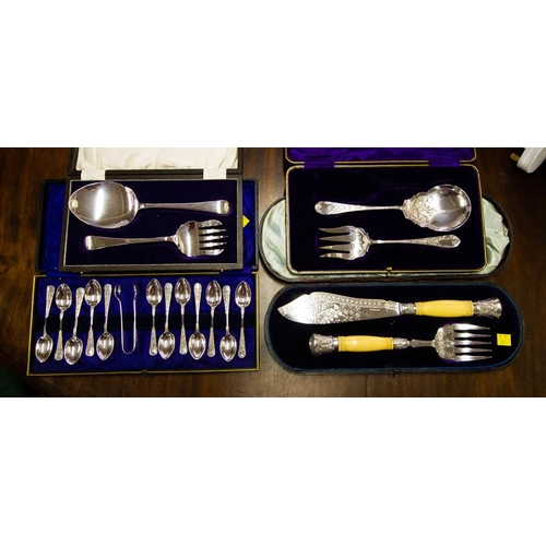 288 - SET OF VICTORIAN WALKER + HALL FISH SERVICES + SERVING SET + SET OF 12 EPNS SILVER PLATED TEA SPOONS... 